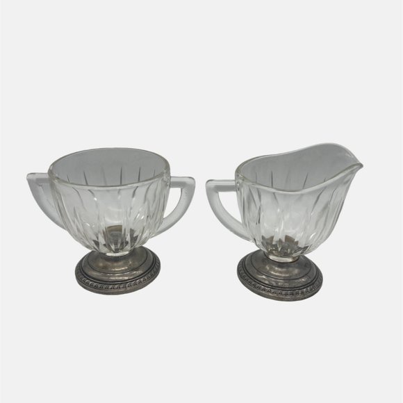 Vintage Saben Glass Creamer and Sugar Bowl Set with Silverplate Bases 3.5" - Picture 2 of 6